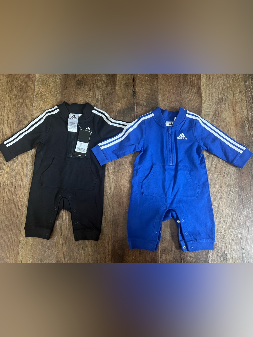 NWT adidas Kids 3-Stripe Zip Rompers in Black and Blue
